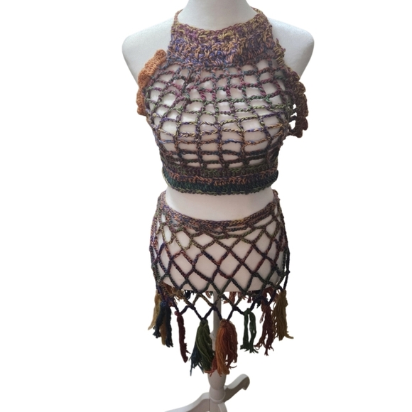 Handmade Crochet Swim Cover-up Fishnet Design Multicolor Rainbow Halter Crop-Top - Picture 4 of 17